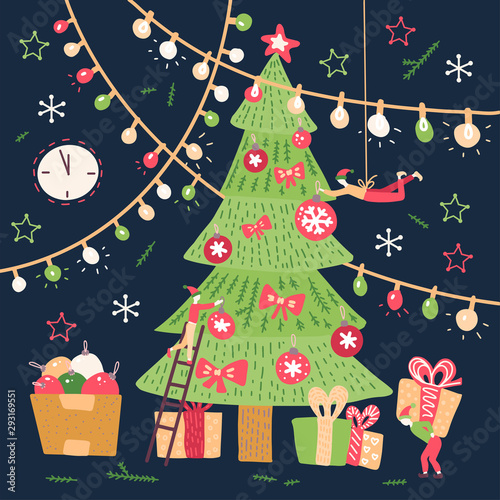 Small people characters decorating big christmas tree. New year decoration. Fantasy little people in giant holiday world. Vector flat cartoon hand drawn illustration.
