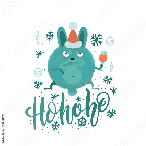 Funny mean hohoho christmas lettering with angry serious bunny in santa's hat and decorative snowflakes elements for gift card or wrapper design or t-shirt holiday print