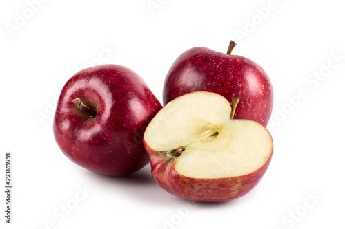 Whole and sliced red ripe apples, perfect isolate on a white background, design blank.