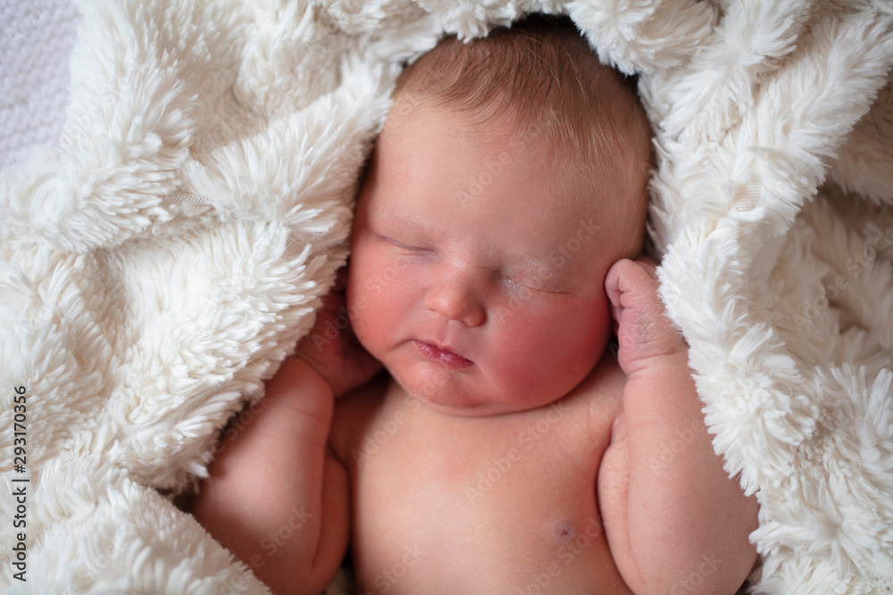 A beautiful new born baby sleeping in a fur blanket A beautiful new born baby sleeping in a fur blanket