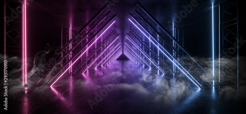 Smoke Sci Fi Triangle Purple Blue Neon Laser Tunnel Beam Construction Stage Concrete Grunge Dark Empty Podium Virtual Futuristic Future Night Show 3D Rendering