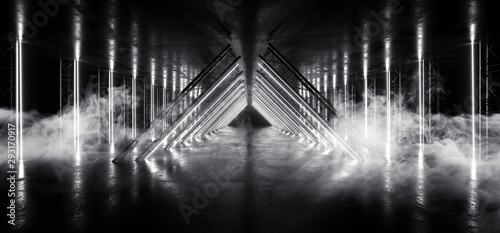 Smoke Sci Fi Triangle White Neon Laser Tunnel Beam Construction Stage Concrete Grunge Dark Empty Podium Virtual Futuristic Future Night Show 3D Rendering