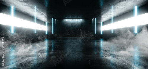 Fototapeta Naklejka Na Ścianę i Meble -  Smoke Neon Glowing Laser Blue Pylons Arch White Concrete Underground Garage Sci Fi Futuristic Hall Stage Podium Grunge Columns Dark Spaceship Tunnel Corridor 3D Rendering