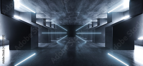 Fototapeta Naklejka Na Ścianę i Meble -  Neon Laser Blue Glowing Concrete Grunge Big Hall Tunnel Alien Corridor Empty Futuristic Modern Stage Podium Hall Industrial Garage Underground 3D Rendering