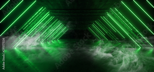 Fototapeta Naklejka Na Ścianę i Meble -  Smoke Futuristic Sci Fi Triangle Neon Glowing Green Laser Show Stage Tunnel Corridor   Concrete Reflection Grunge Empty Dark Night Construction Podium 3D Rendering
