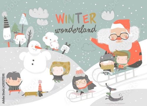 Happy cute kids playing winter games with Santa Claus. Hello winter