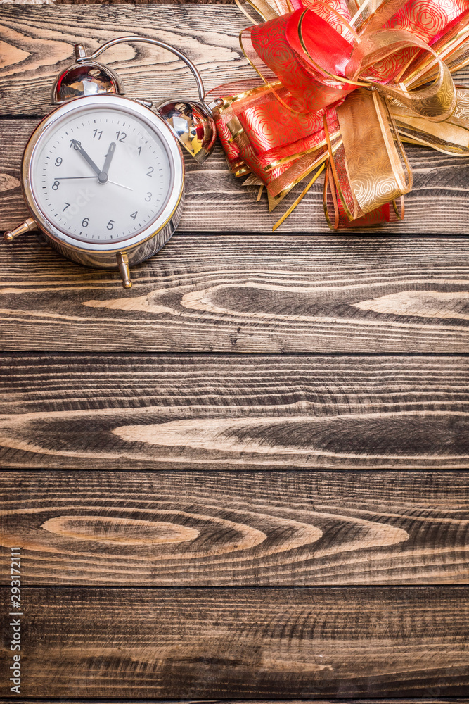 Christmas wooden background, clock gifts Christmas wooden background, clock gifts