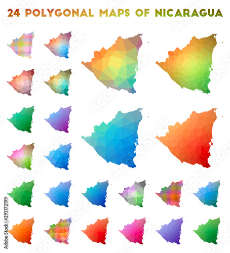 Set of vector polygonal maps of Nicaragua. Bright gradient map of country in low poly style. Multicolored Nicaragua map in geometric style for your infographics.