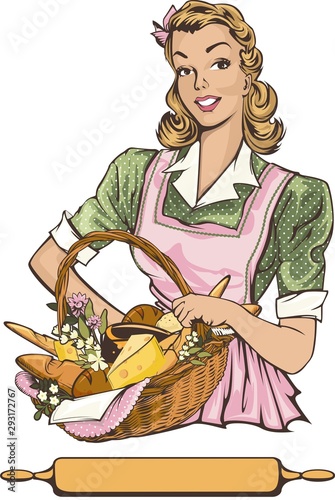 Beautiful girl with a basket of products. Vector illustration