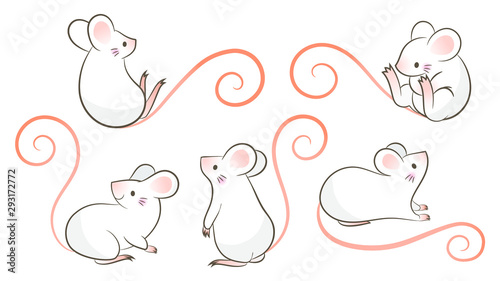 Set of hand drawn rats, mouse in different poses on white background. Vector illustration, cartoon doodle style.