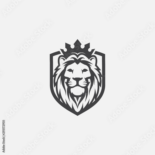 lion shield luxury logo icon, elegant lion shield logo design illustration, lion head with crown logo, lion shield symbol