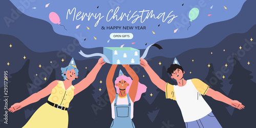 Merry christmas and happy new year banner, flyer, landing page with people open a gift box with a greeting and a surprise. Group of young people on a night starry winter background with fir-trees.