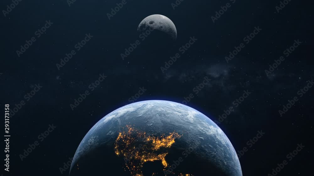 The earth and the moon flying slowly away in space.mov