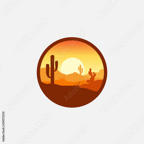 Desert landscape logo with cactus, mountain desert vector template, company logo, logo product label