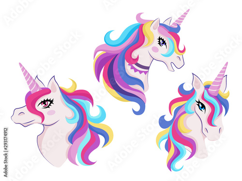 Magic unicorns with colorful horns and manes icon set, decor for girl room interior or birthday, badge or sticker, vector
