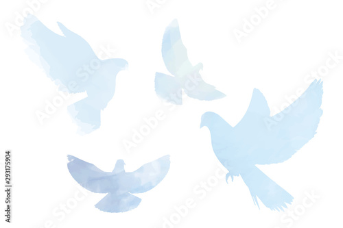 Doves silhouettes in tender pastel blue colors, peace, spring, easter elements white isolated. © Julia