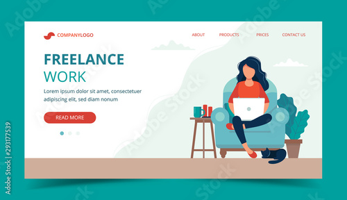 Freelance work - girl with laptop on the chair. Landing page template. Cute vector illustration in flat style.