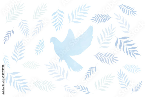 Doves silhouette and laeves in tender pastel blue colors, peace, spring elements on white background