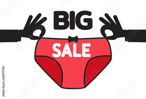 Big sale. Black Friday banner. Men hands hold women underpants. Poster for sales of lingerie. Template for designers. Vector illustration