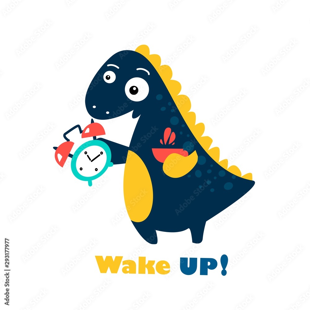 Obraz premium Funny dinosaur with clock and tea. Wake up