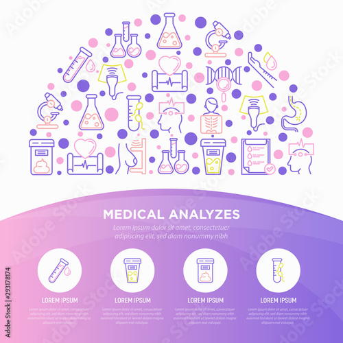 Medical analyzes concept in half circle with thin line icons: blood test, urine test, stool, ECG, mammography, sperm, DNA, ultrasound, EEG, X-ray. Vector illustration for laboratory web page.