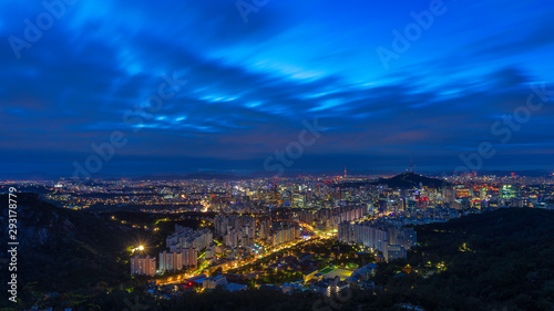 Sunrise of Seoul viewpoint from Ansan mountain in Seoul,South Korea. © Toowongsa