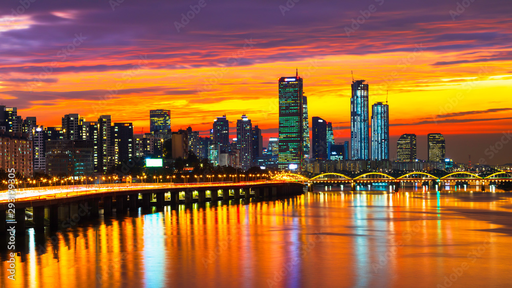 Sunset of Seoul downtown , 63 Building and Hangang river best view landmark and traffic in Seoul,South Korea