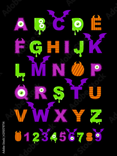 Halloween alphabet with green eye  slime  monster  bat wings. Creative poster. Vector illustration