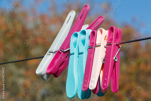 Pink and blue clothes pins on a washing line in a garden