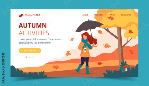 Woman with umbrella and coffee in autumn. Landing page template. Cute vector illustration in flat style.