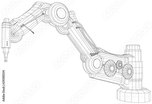 Robot arm, industrial machinery. Technical illustration wire-frame. Vector rendering of 3d.