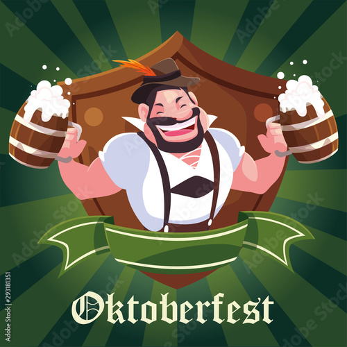 man with german traditional dress and label oktoberfest