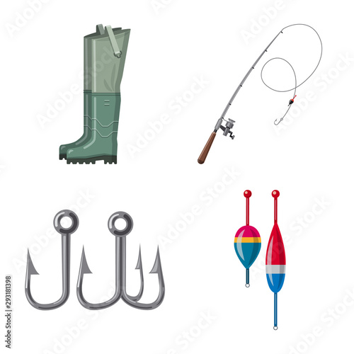 Vector illustration of fish and fishing sign. Set of fish and equipment vector icon for stock.