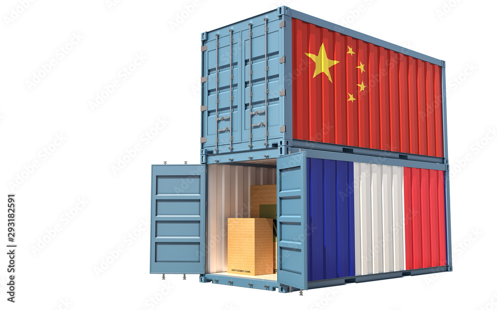 Fototapeta premium Two freight container with China and France flag. Isolated on white - 3D Rendering