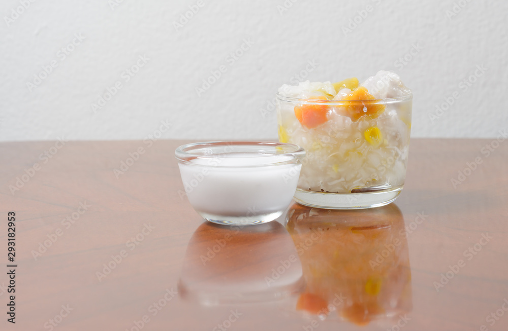 Sticky rice boiled in syrup with corn and sweet potato. Thai dessert Sticky rice boiled in syrup with corn and sweet potato. Thai dessert