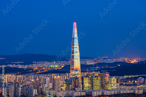 Seoul,South Korea-July 8,2019:Night cityscape of Seoul viewpoint from Yongmasan mountain in Seoul,South Korea. photo