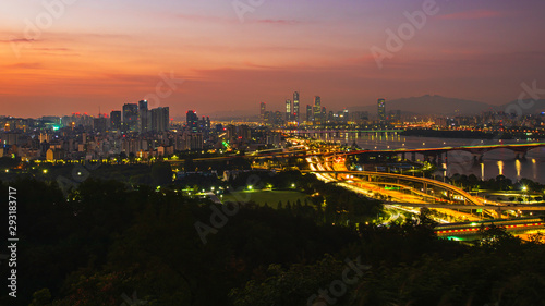 Sunrise and traffic of Seoul Aerial viewpoint of National Assembly building,Hangang River in Seoul,South Korea