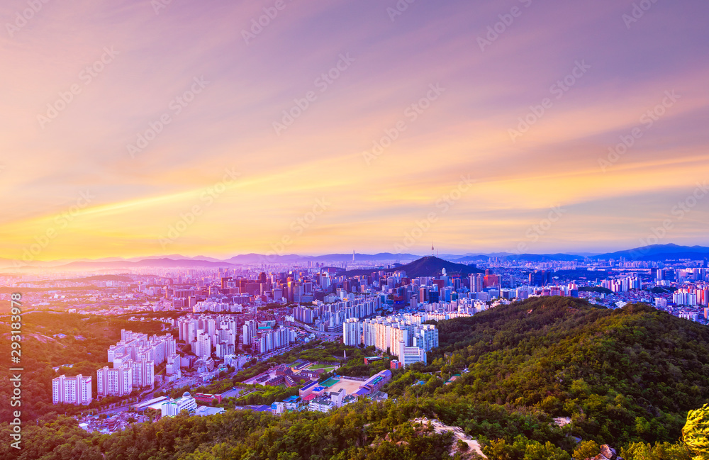 Sunrise and Skyline of Seoul downtown , Seoul Tower and lotte  Tower in Seoul,South Korea viewpoint from Ansan mountain.