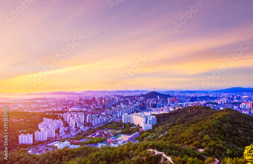 Sunrise and Skyline of Seoul downtown , Seoul Tower and lotte Tower in Seoul,South Korea viewpoint from Ansan mountain.