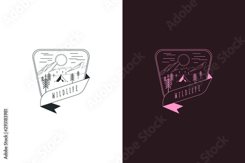 adventure logo design sign illustration symbol vector outdoor vintage camp tent sunset mountain wild activities outbond bushcraft poncho