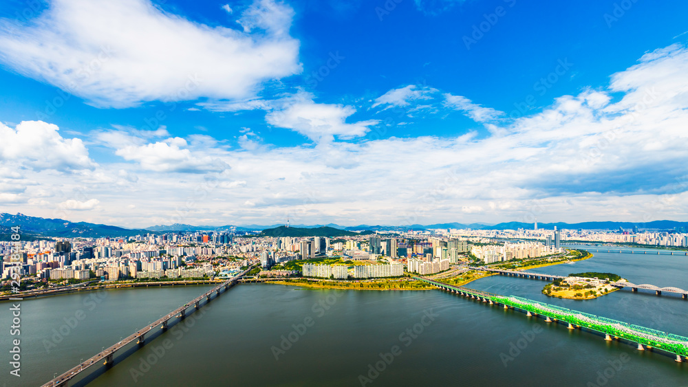 Beautiful clouds and viewpoint of Seoul downtown , Traffic , Hamgang river,Seoul tower , Lotte tower Viewpoint from 63Building best landmark in Seoul,South Korea.