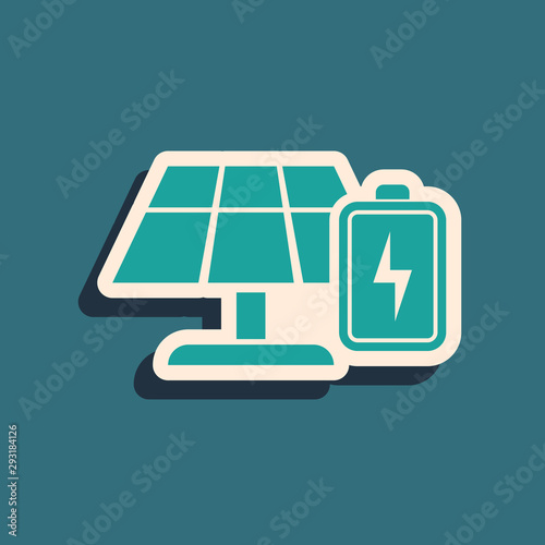 Green Solar energy panel and battery icon isolated on blue background. Long shadow style. Vector Illustration