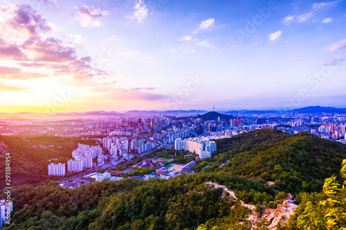 Sunrise and Skyline of Seoul downtown   Seoul Tower and lotte  Tower in Seoul South Korea viewpoint from Ansan mountain.