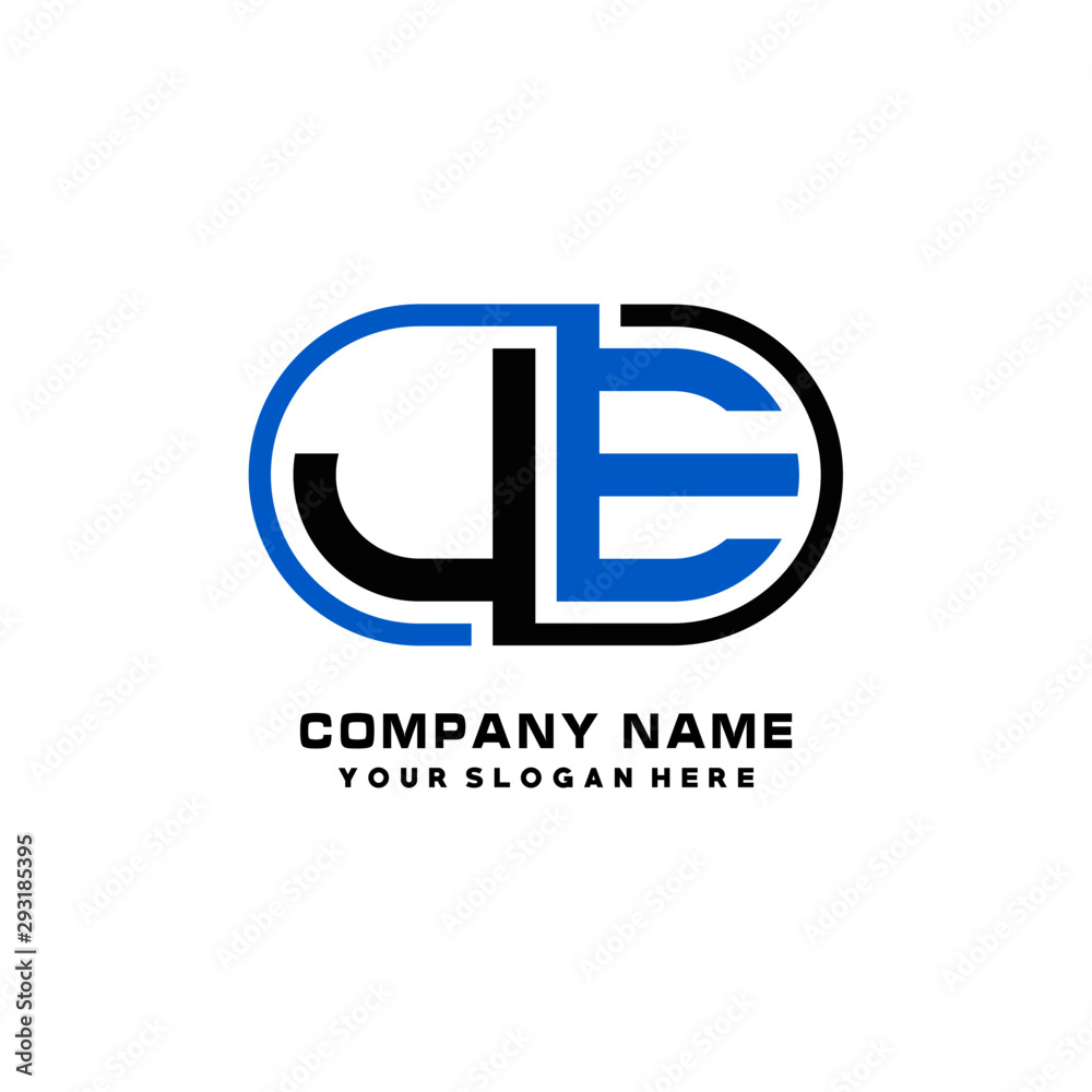 JE initial letters looping linked oval elegant logo blue, black JE initial letters looping linked oval elegant logo blue, black