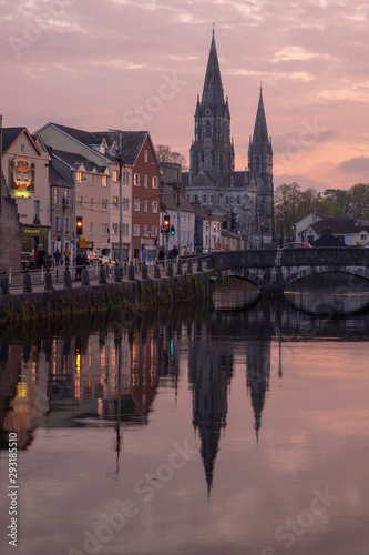 St. Finbarr Cathedral at sunset. Cork, Ireland. April 2019