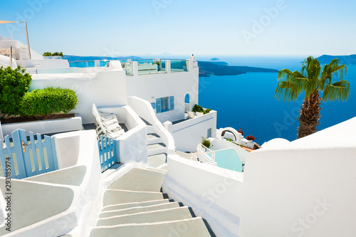 White cycladic architecture and blue sea on Santorini island, Greece. Summer holidays, travel destinations concept