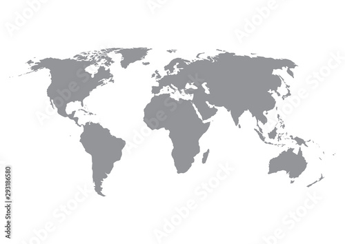 World map silhouette in grey isolated on white background.