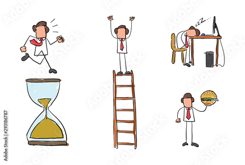 Quick hand drawing businessman set. Running on sand watch, standing on top of wooden ladder, sleeping at computer desk, holding fast food hamburger.