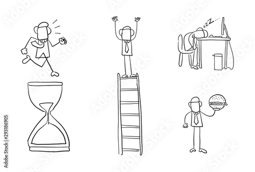 Quick hand drawing businessman set. Running on sand watch, standing on top of wooden ladder, sleeping at computer desk, holding fast food hamburger.
