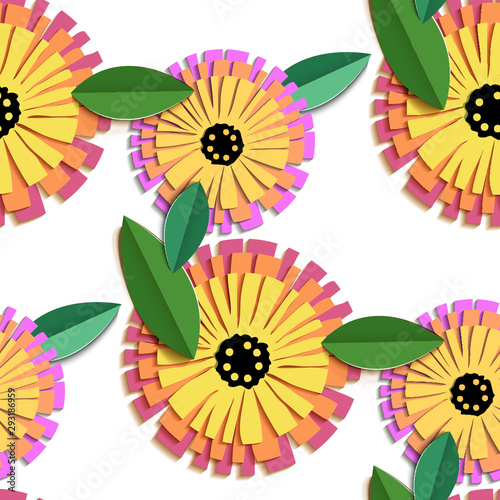 Vintage origami pattern with colorful calendula cut paper pattern on white background for textile design.  Like a  3d vector.  Modern interior.